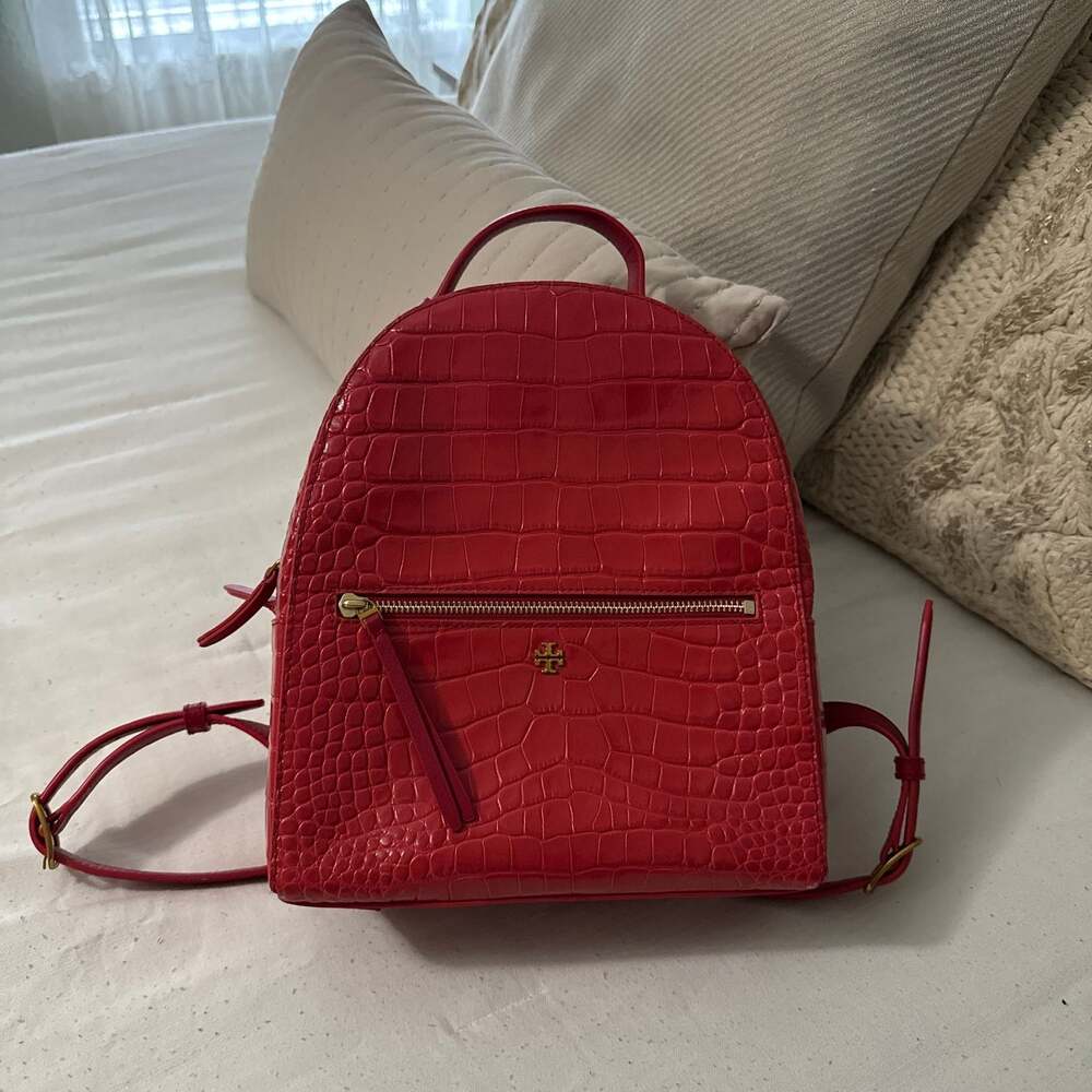 Tory Burch Croc-Embossed Liberty Red Leather Mini Backpack